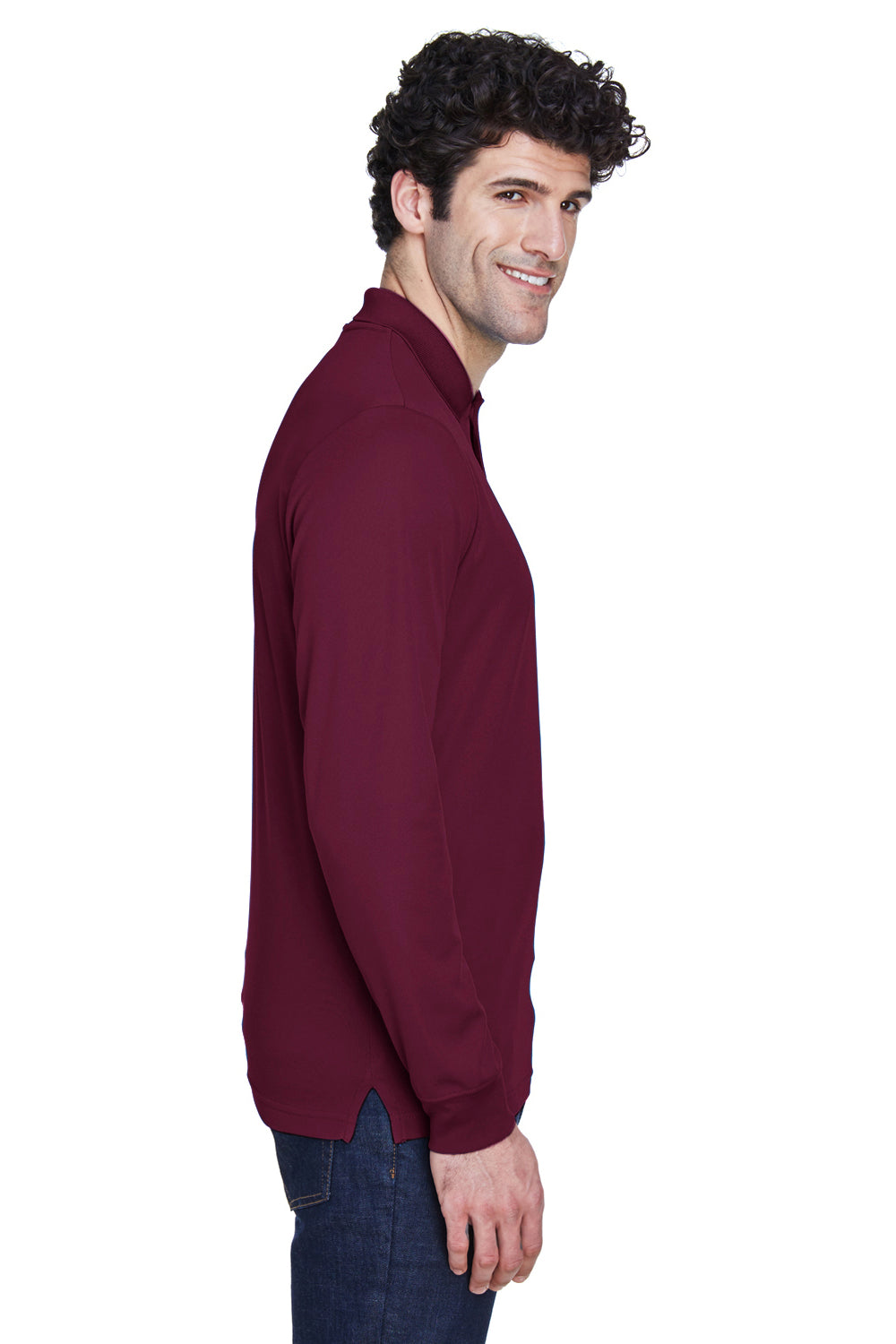 Core 365 88192/88192T Mens Pinnacle Performance Moisture Wicking Long Sleeve Polo Shirt Burgundy Model Side