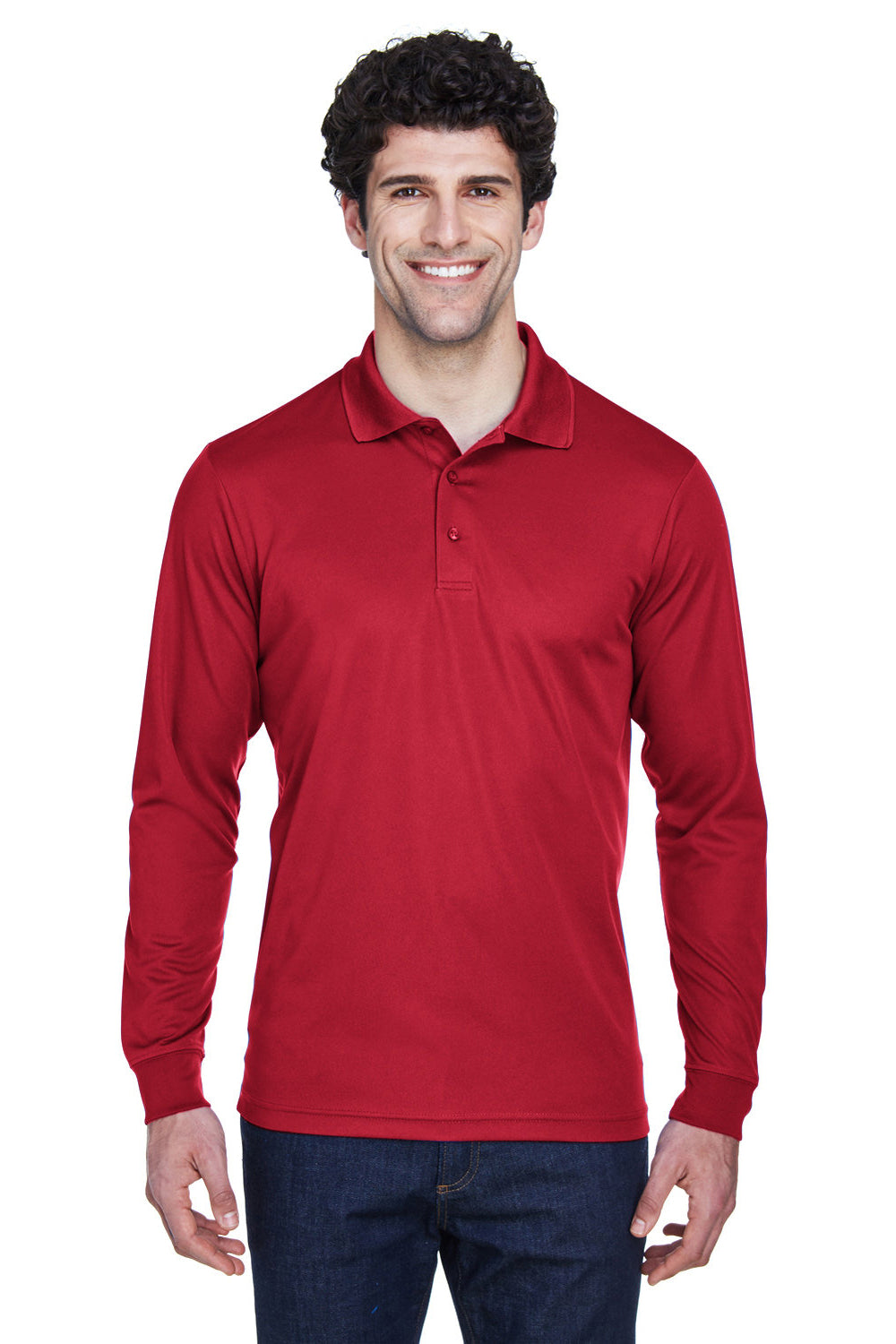 Core 365 88192/88192T Mens Pinnacle Performance Moisture Wicking Long Sleeve Polo Shirt Classic Red Model Front