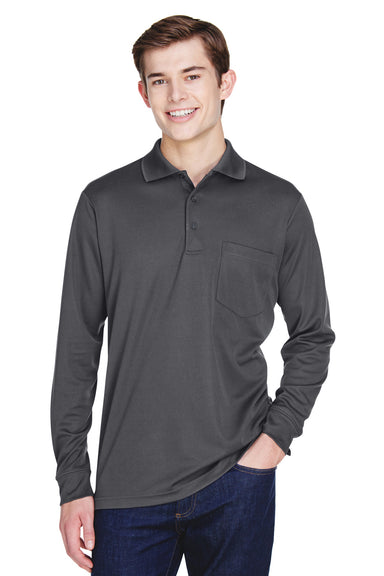 Core 365 88192P Mens Pinnacle Performance Moisture Wicking Long Sleeve Polo Shirt w/ Pocket Carbon Grey Model Front