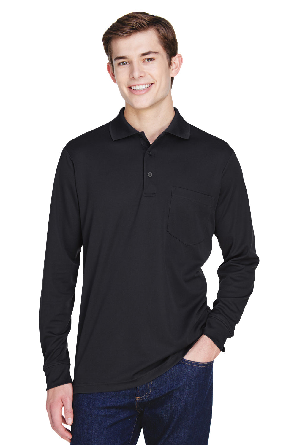 Core 365 88192P Mens Pinnacle Performance Moisture Wicking Long Sleeve Polo Shirt w/ Pocket Black Model Front