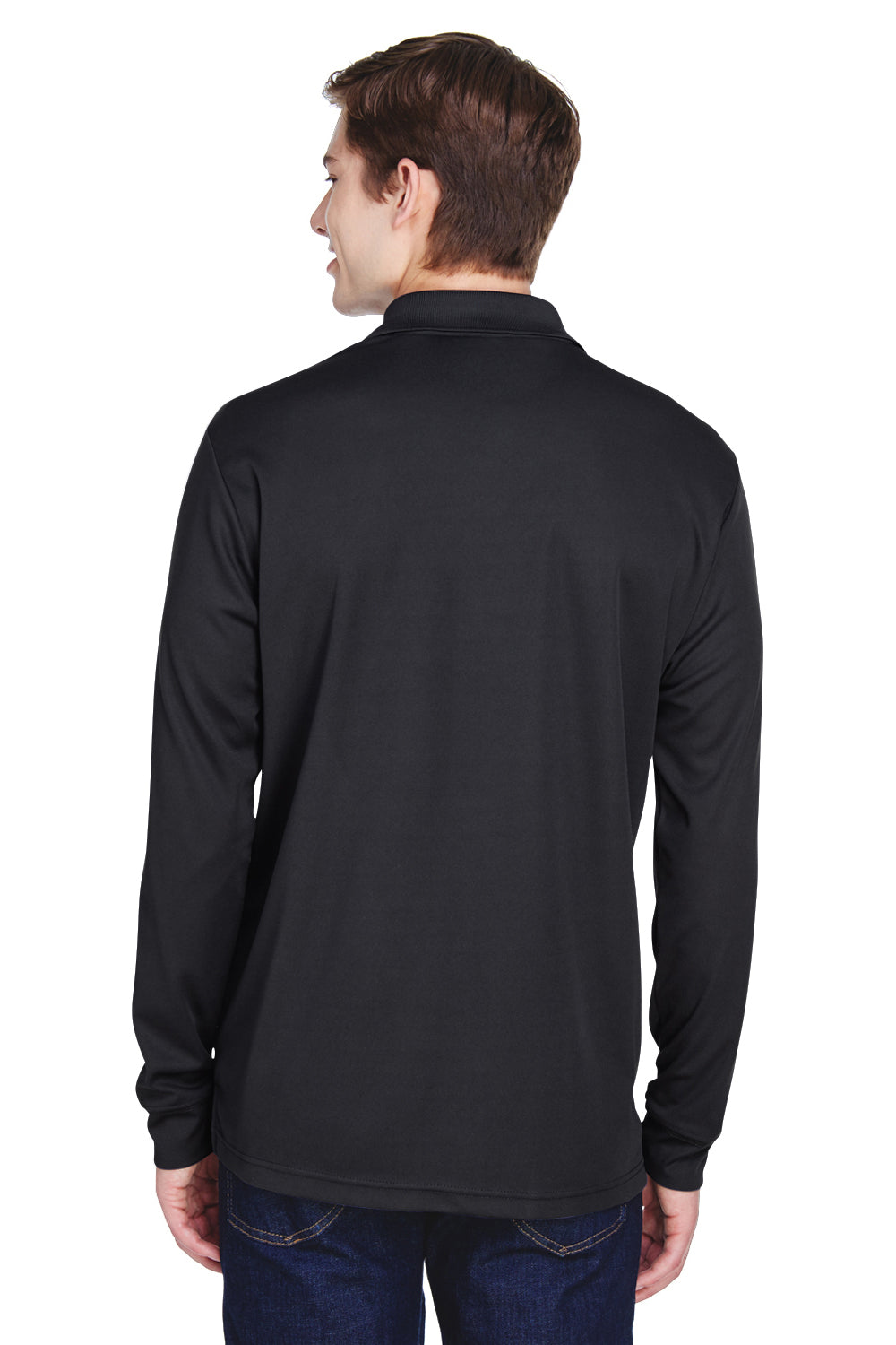 Core 365 88192P Mens Pinnacle Performance Moisture Wicking Long Sleeve Polo Shirt w/ Pocket Black Model Back