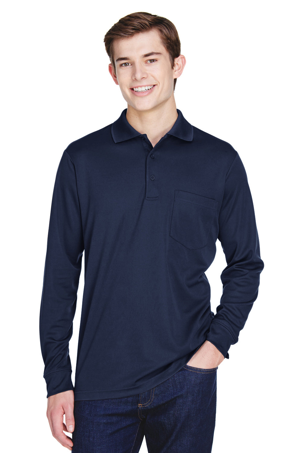 Core 365 88192P Mens Pinnacle Performance Moisture Wicking Long Sleeve Polo Shirt w/ Pocket Classic Navy Blue Model Front