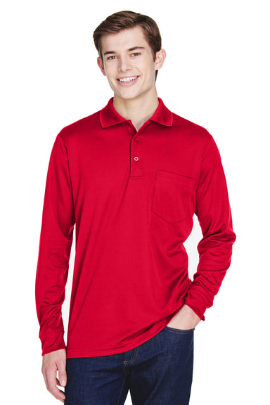 Core 365 88192P Mens Pinnacle Performance Moisture Wicking Long Sleeve Polo Shirt w/ Pocket Classic Red Model Front