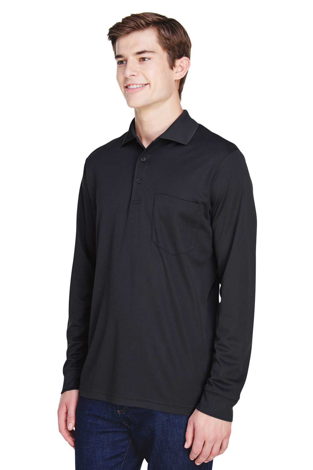 Core 365 88192P Mens Pinnacle Performance Moisture Wicking Long Sleeve Polo Shirt w/ Pocket Black Model 3q