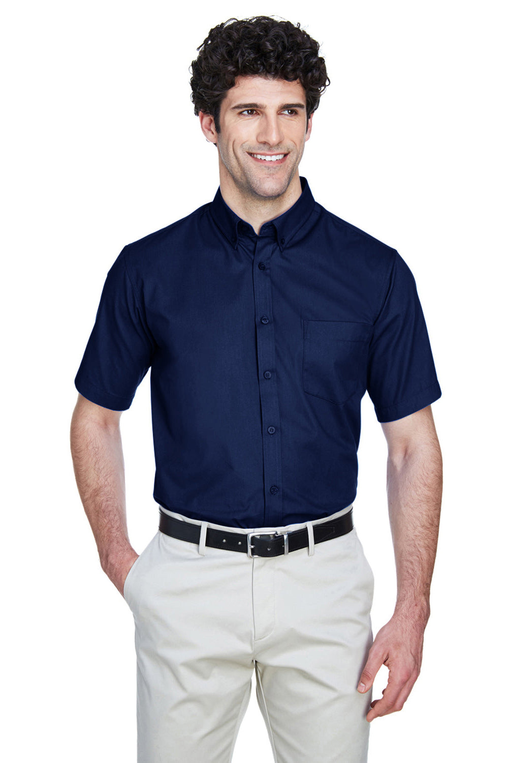 Core 365 88194/88194T Mens Optimum UV Protection Short Sleeve Button Down Shirt w/ Pocket Classic Navy Blue Model Front