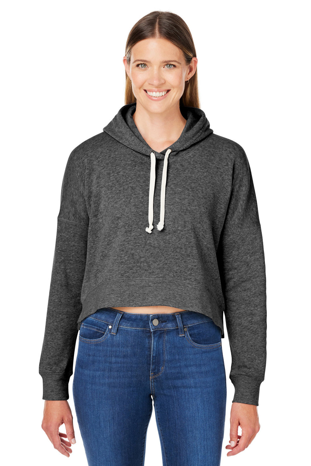 J America 8853JA Womens Cropped Hooded Sweatshirt Hoodie Grey Triblend Model Front