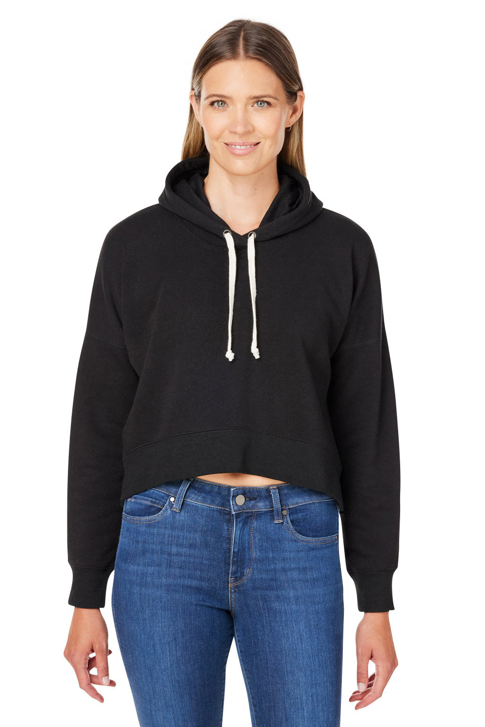 J America 8853JA Womens Cropped Hooded Sweatshirt Hoodie Black Triblend Model Front