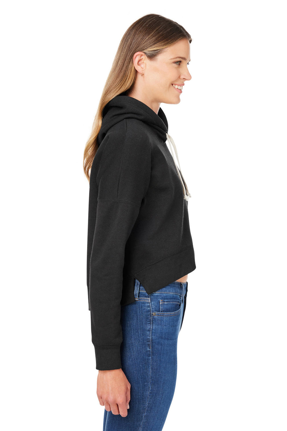 J America 8853JA Womens Cropped Hooded Sweatshirt Hoodie Black Triblend Model Side