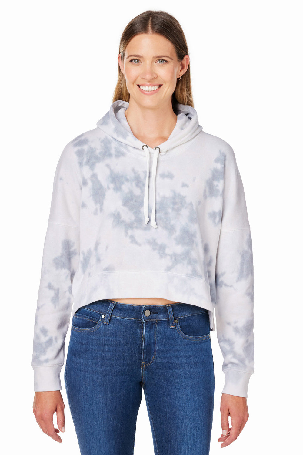 J America 8853JA Womens Cropped Hooded Sweatshirt Hoodie Grey Tie Dye Model Front