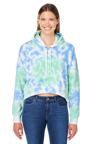 J America 8853JA Womens Cropped Hooded Sweatshirt Hoodie Lagoon Tie Dye Model Front