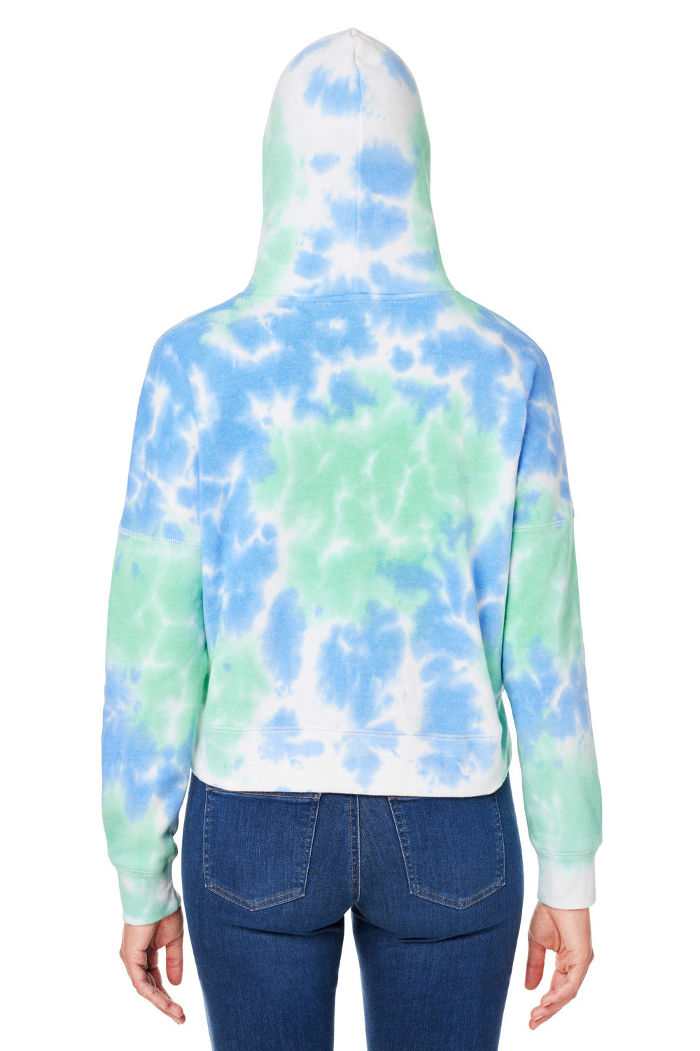 J America 8853JA Womens Cropped Hooded Sweatshirt Hoodie Lagoon Tie Dye Model Back