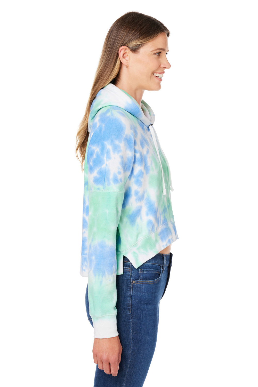 J America 8853JA Womens Cropped Hooded Sweatshirt Hoodie Lagoon Tie Dye Model Side