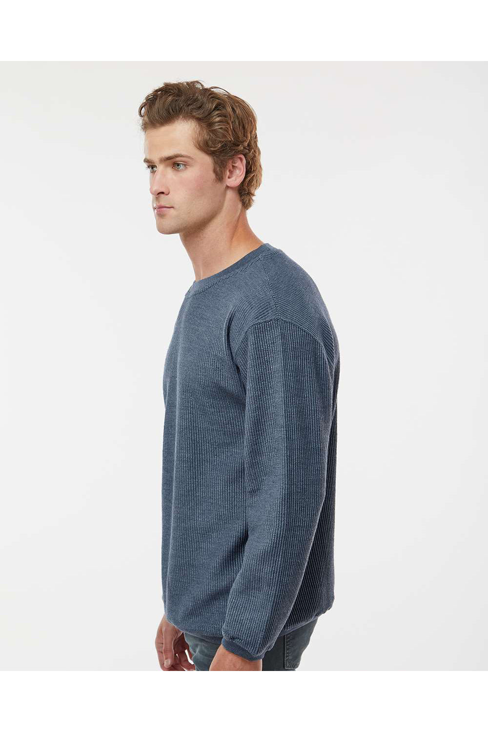 MV Sport 19179 Mens Corded Crewneck Sweatshirt Navy Blue Model Side