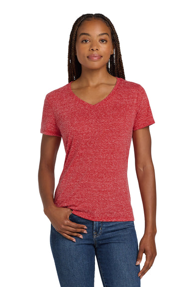 Jerzees 88WV Womens Vintage Snow Short Sleeve V-Neck T-Shirt Heather Red Model Front