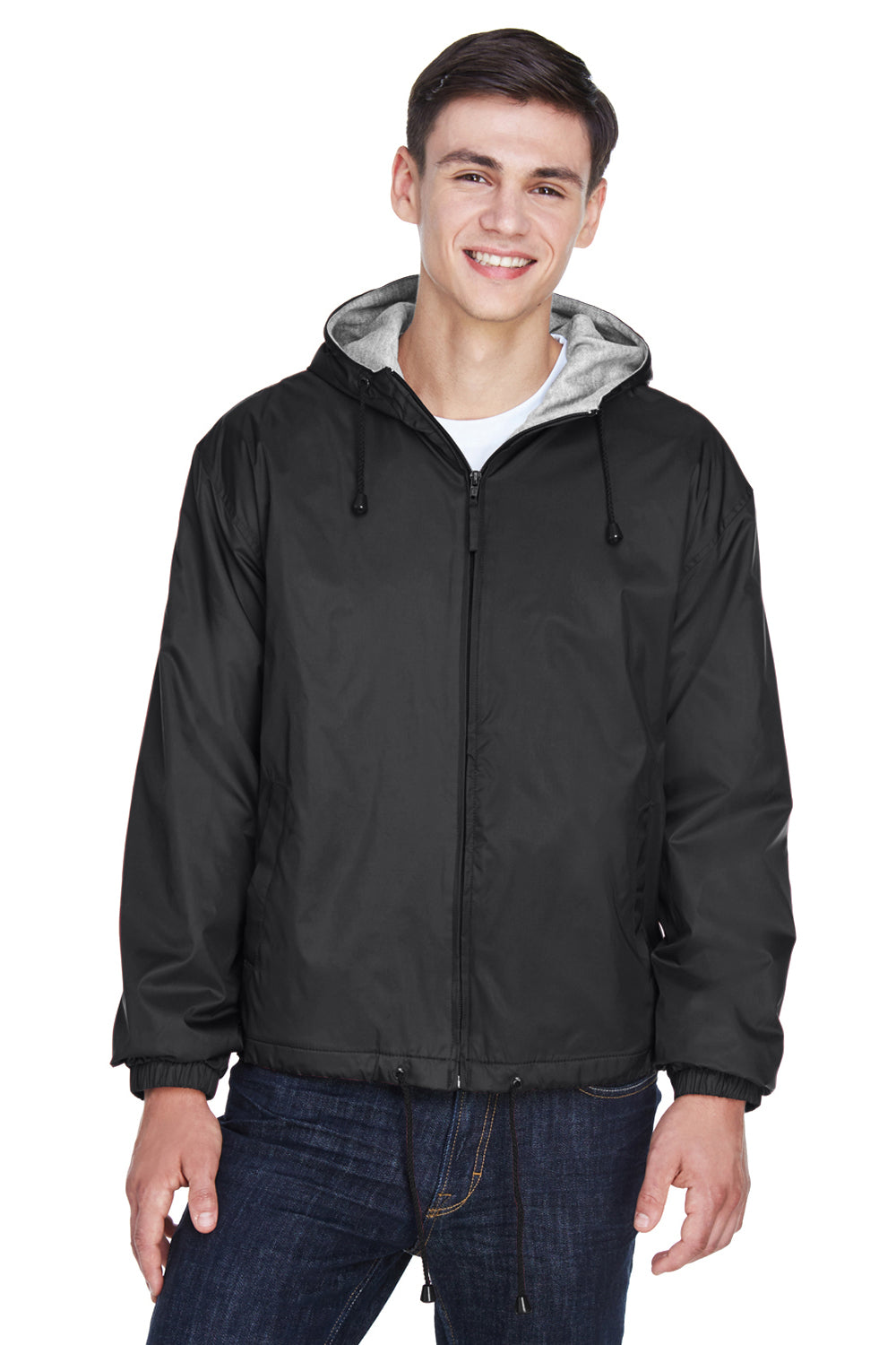 UltraClub 8915 Mens Wind & Water Resistant Full Zip Hooded Jacket Black Model Front