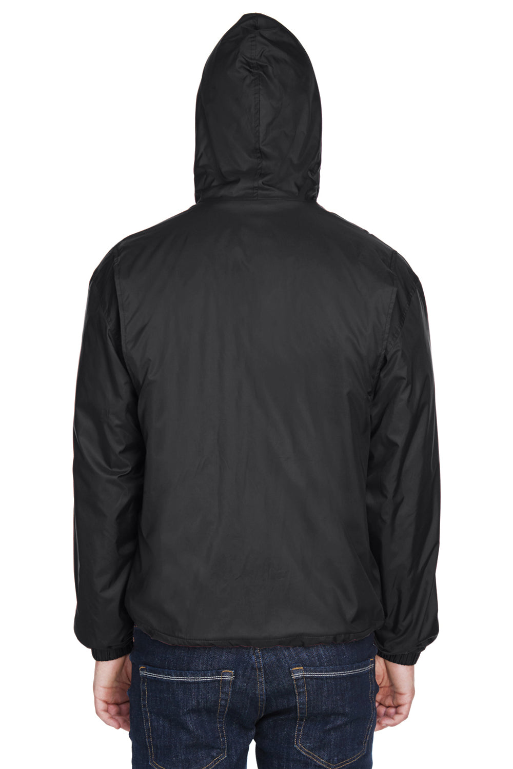 UltraClub 8915 Mens Wind & Water Resistant Full Zip Hooded Jacket Black Model Back