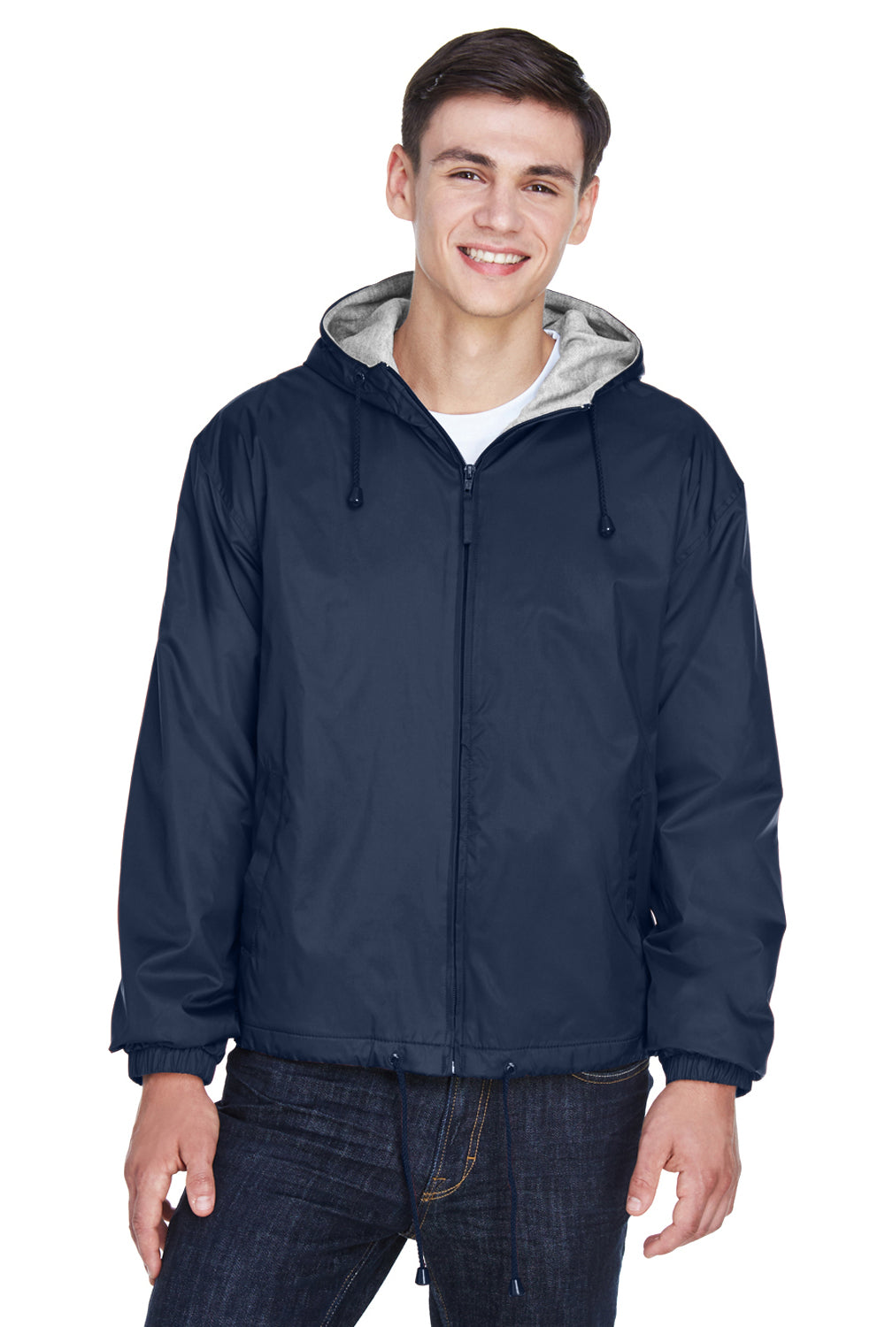 UltraClub 8915 Mens Wind & Water Resistant Full Zip Hooded Jacket Navy Blue Model Front