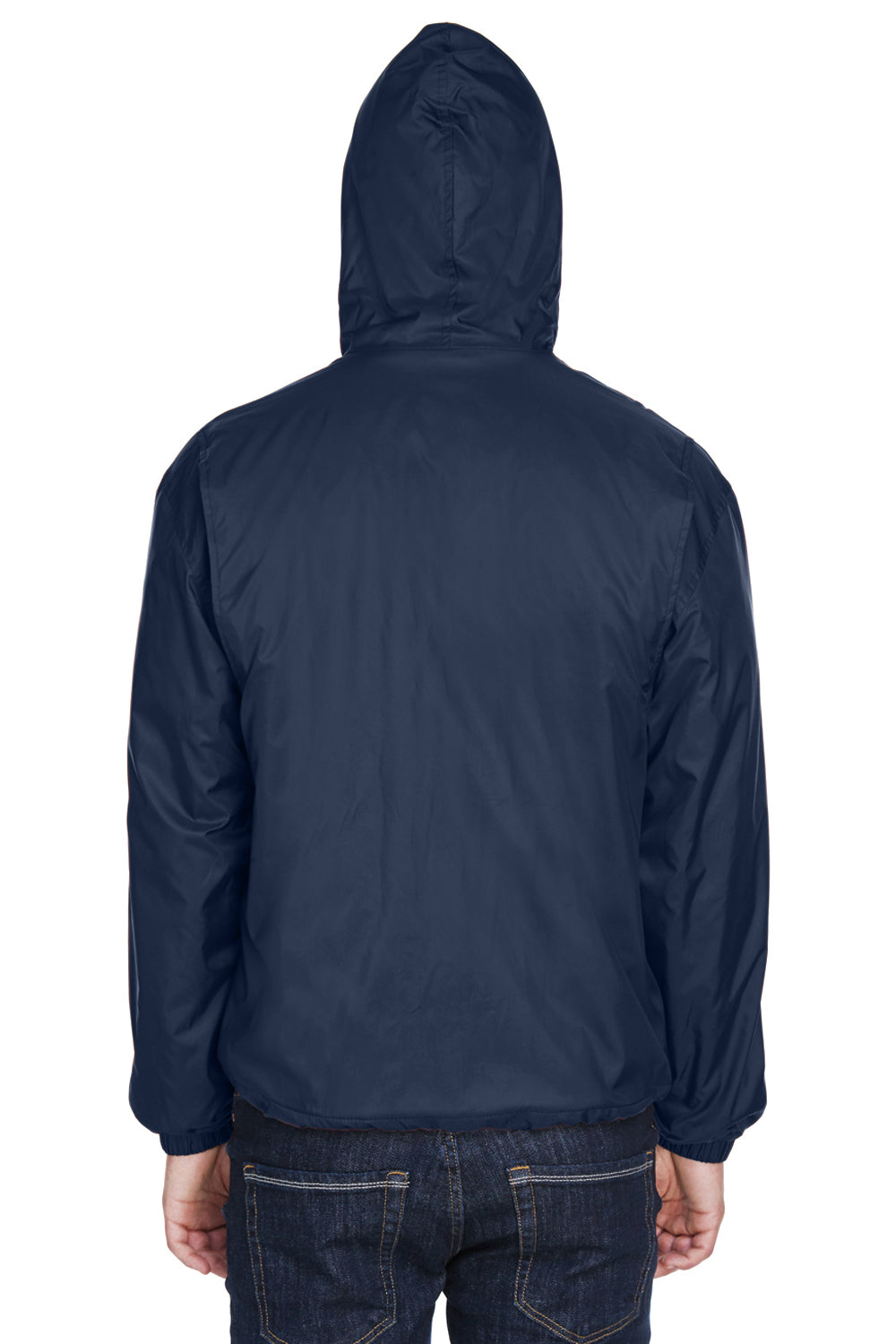 UltraClub 8915 Mens Wind & Water Resistant Full Zip Hooded Jacket Navy Blue Model Back