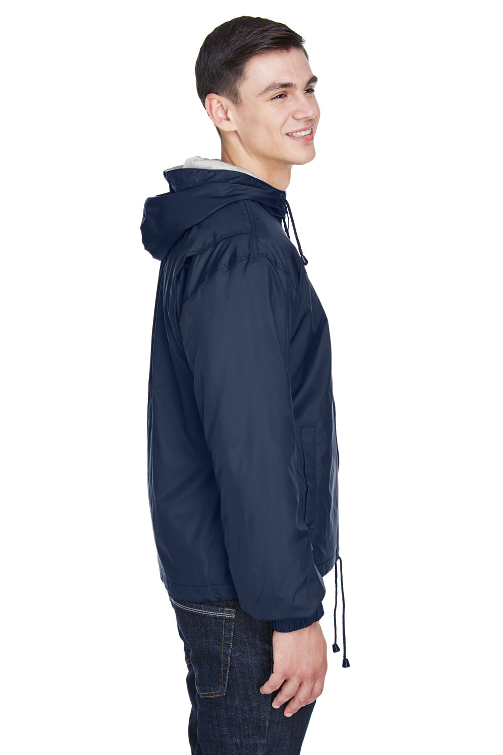 UltraClub 8915 Mens Wind & Water Resistant Full Zip Hooded Jacket Navy Blue Model Side