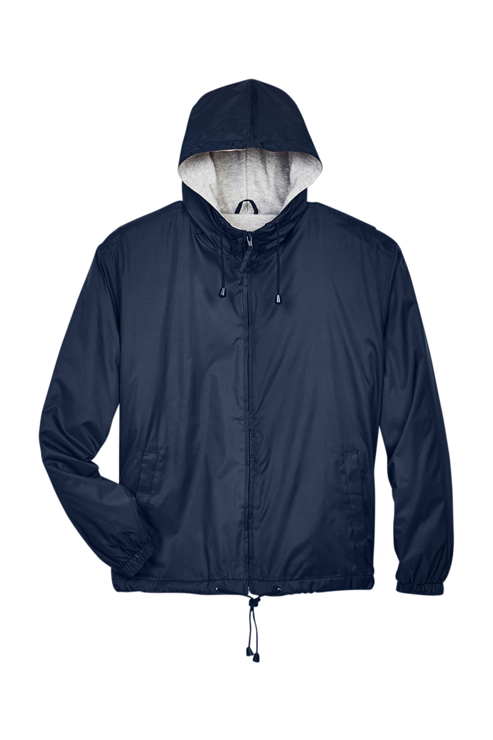 UltraClub 8915 Mens Wind & Water Resistant Full Zip Hooded Jacket Navy Blue Flat Front