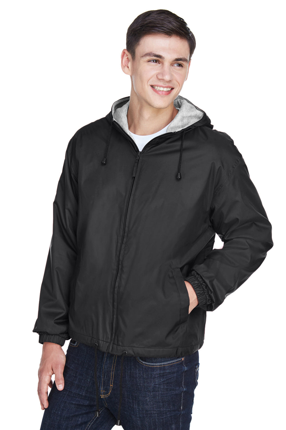 UltraClub 8915 Mens Wind & Water Resistant Full Zip Hooded Jacket Black Model 3q