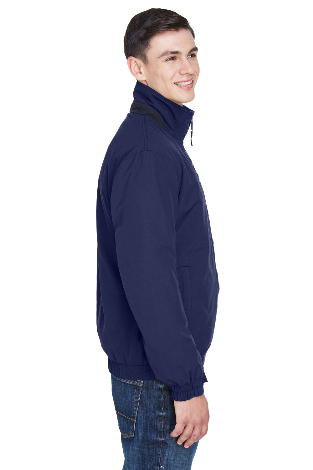 UltraClub 8921 Mens Adventure Wind & Water Resistant Full Zip Jacket Navy Blue/Charcoal Grey Model Side