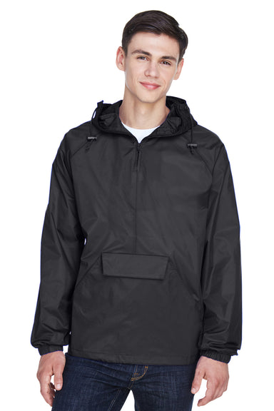 UltraClub 8925 Mens Pack Away Wind & Water Resistant 1/4 Zip Hooded Jacket Black Model Front