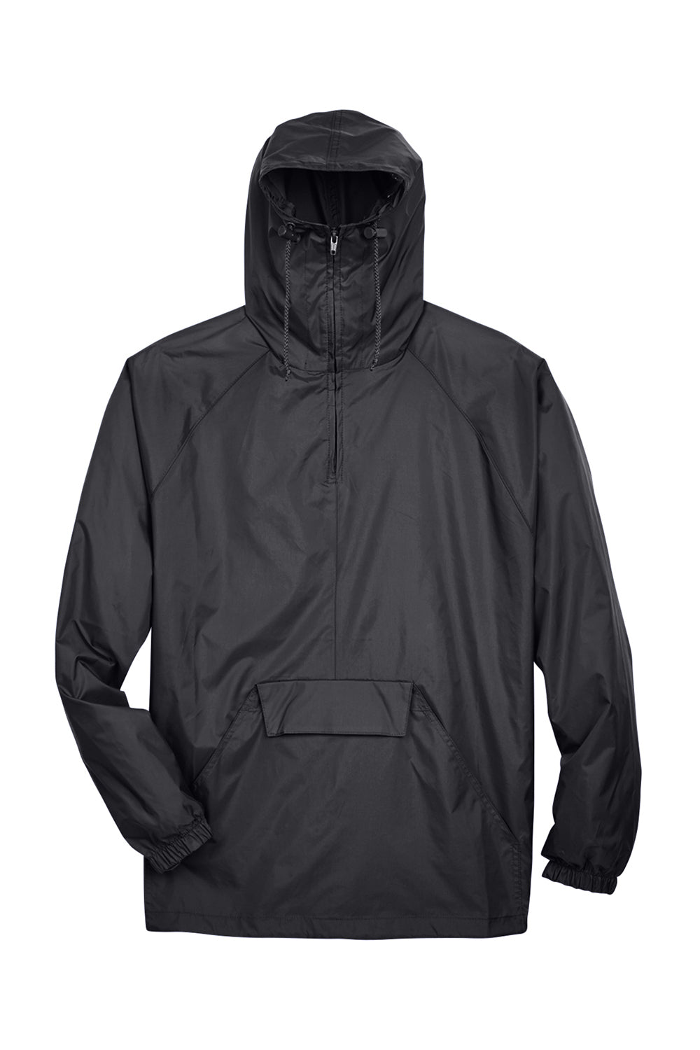 UltraClub 8925 Mens Pack Away Wind & Water Resistant 1/4 Zip Hooded Jacket Black Flat Front