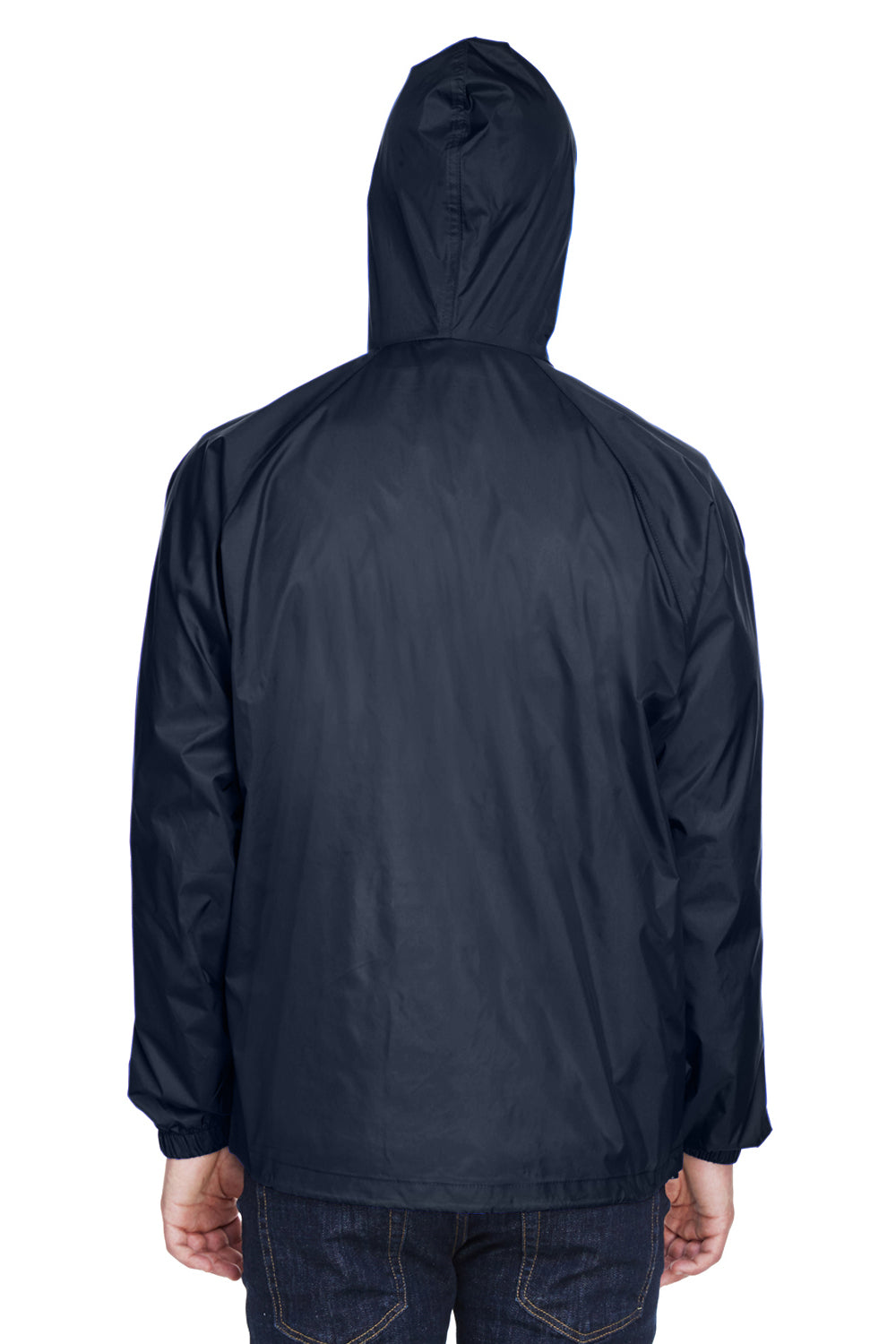 UltraClub 8925 Mens Pack Away Wind & Water Resistant 1/4 Zip Hooded Jacket True Navy Blue Model Back