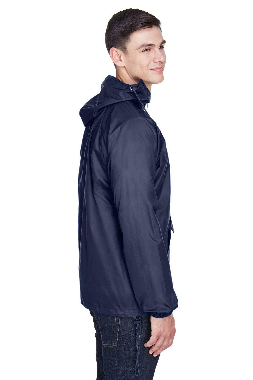 UltraClub 8925 Mens Pack Away Wind & Water Resistant 1/4 Zip Hooded Jacket True Navy Blue Model Side