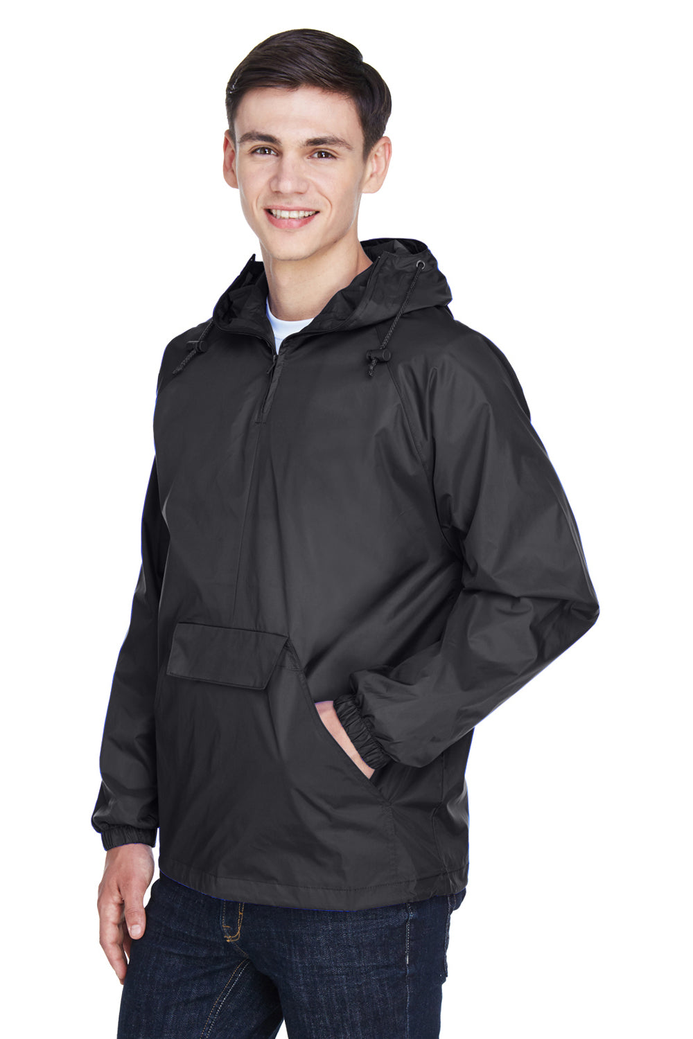 UltraClub 8925 Mens Pack Away Wind & Water Resistant 1/4 Zip Hooded Jacket Black Model 3q