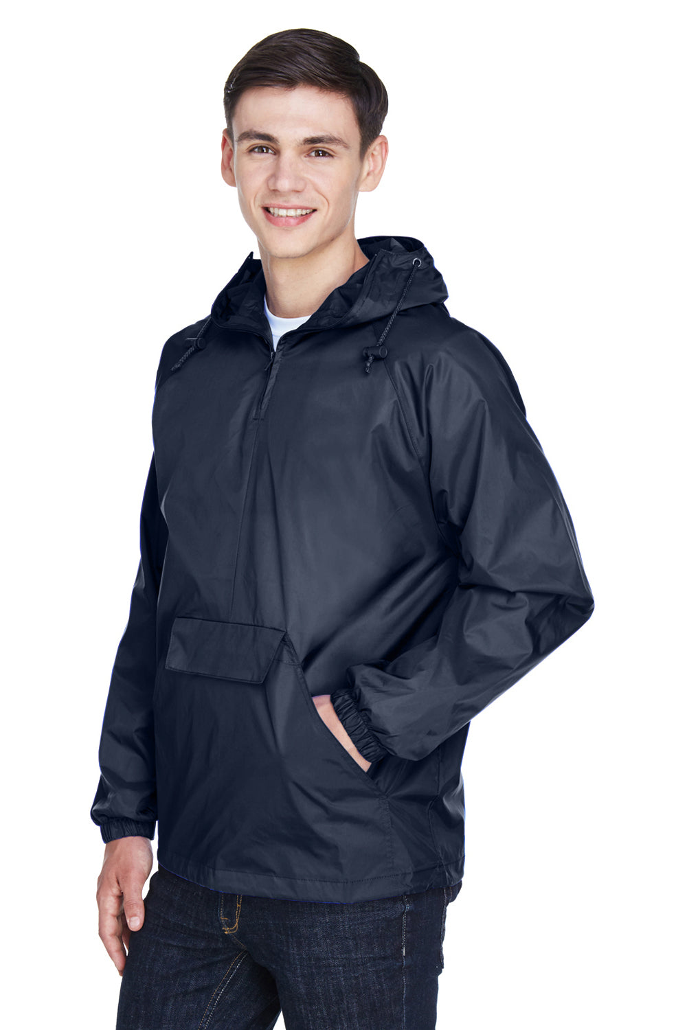 UltraClub 8925 Mens Pack Away Wind & Water Resistant 1/4 Zip Hooded Jacket True Navy Blue Model 3q