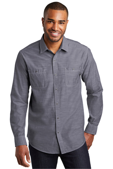 Port Authority W380 Mens Slub Chambray Long Sleeve Button Down Shirt w/ Double Pockets True Navy Blue Model Front