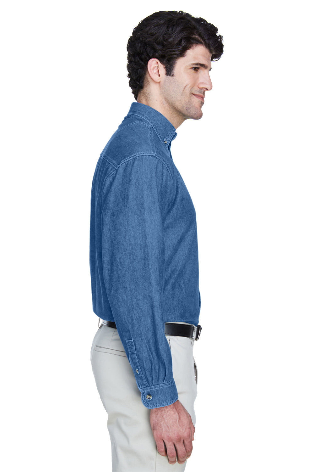 UltraClub 8960/8960T Mens Cypress Denim Long Sleeve Button Down Shirt w/ Pocket Indigo Blue Model Side