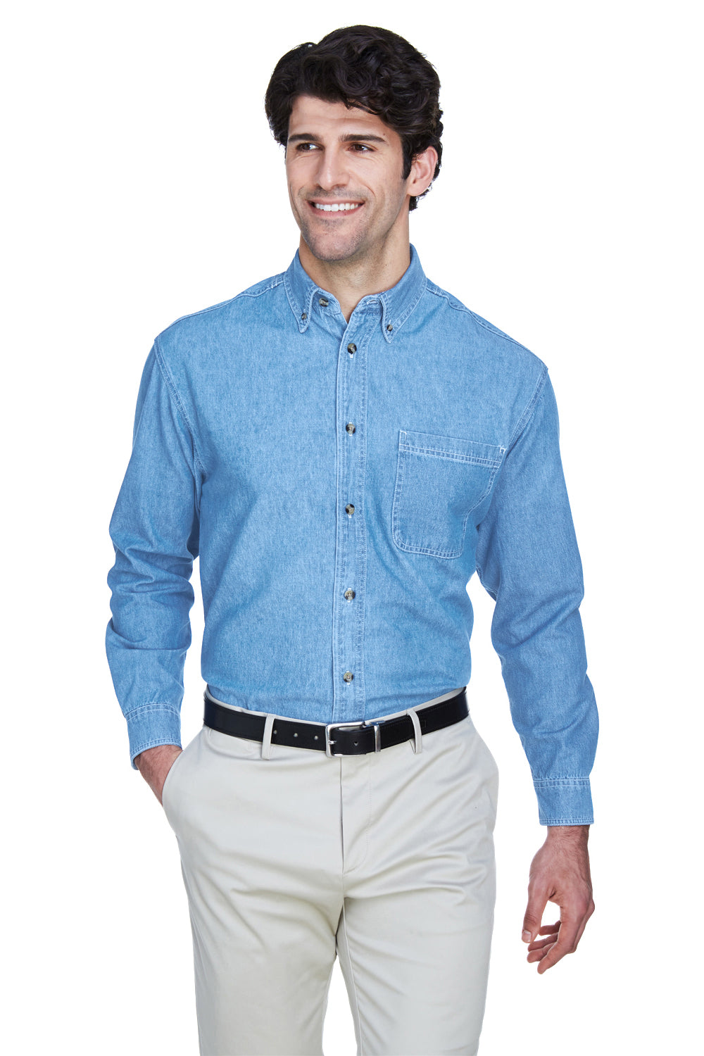 UltraClub 8960/8960T Mens Cypress Denim Long Sleeve Button Down Shirt w/ Pocket Light Blue Model Front