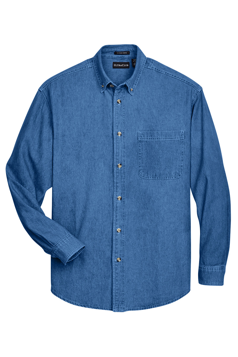 UltraClub 8960/8960T Mens Cypress Denim Long Sleeve Button Down Shirt w/ Pocket Indigo Blue Flat Front