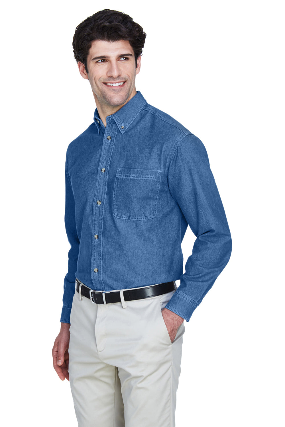 UltraClub 8960/8960T Mens Cypress Denim Long Sleeve Button Down Shirt w/ Pocket Indigo Blue Model 3q