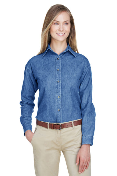 UltraClub 8966 Womens Cypress Denim Long Sleeve Button Down Shirt Indigo Blue Model Front