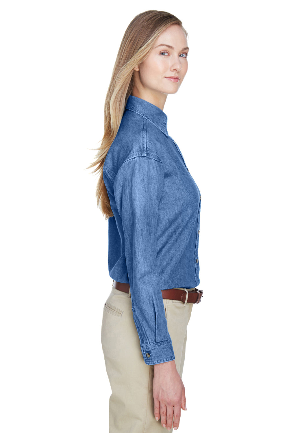 UltraClub 8966 Womens Cypress Denim Long Sleeve Button Down Shirt Indigo Blue Model Side