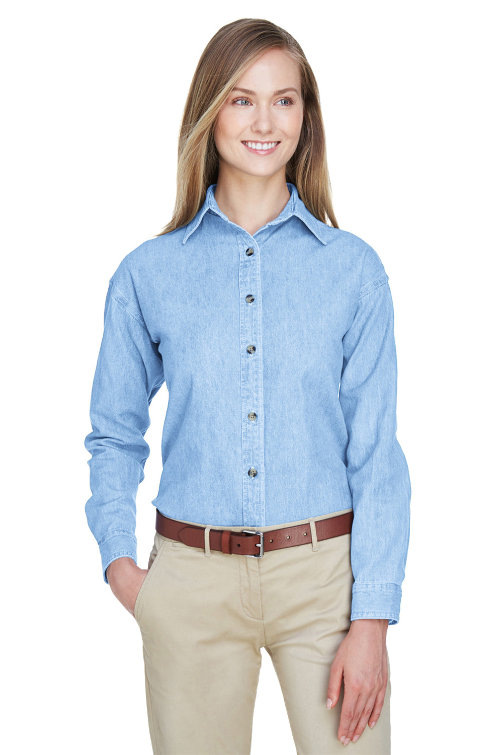 UltraClub 8966 Womens Cypress Denim Long Sleeve Button Down Shirt Light Blue Model Front