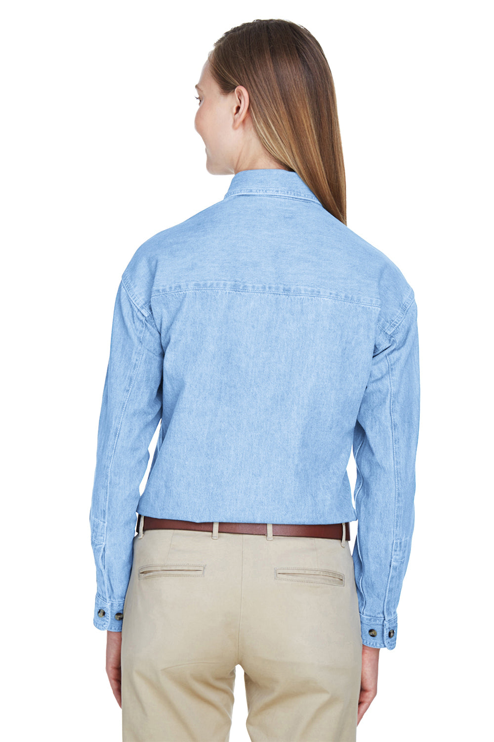 UltraClub 8966 Womens Cypress Denim Long Sleeve Button Down Shirt Light Blue Model Back