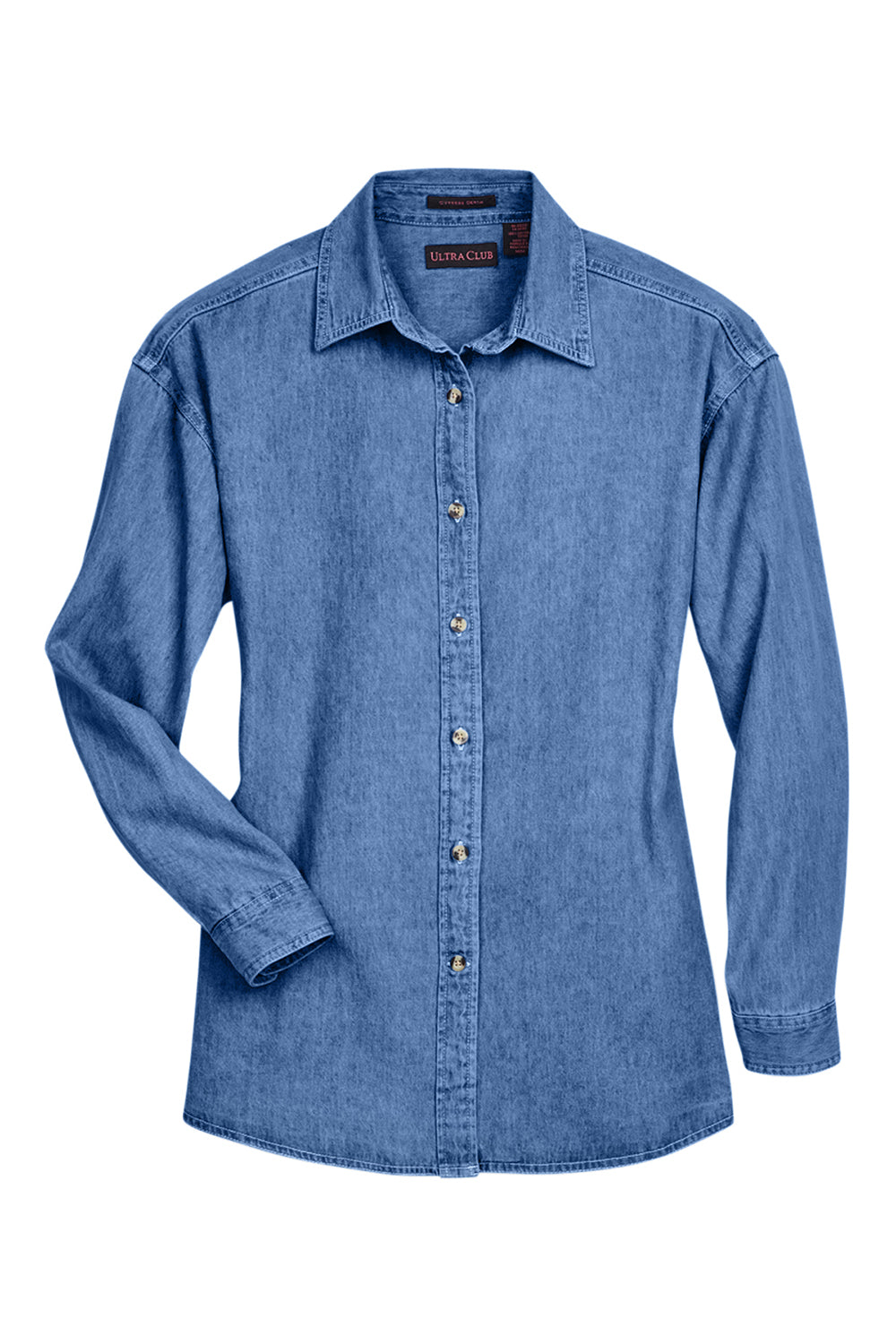 UltraClub 8966 Womens Cypress Denim Long Sleeve Button Down Shirt Indigo Blue Flat Front