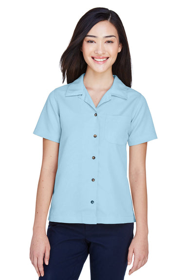 UltraClub 8981 Womens Cabana Breeze Short Sleeve Button Down Camp Shirt w/ Pocket Island Blue Model Front