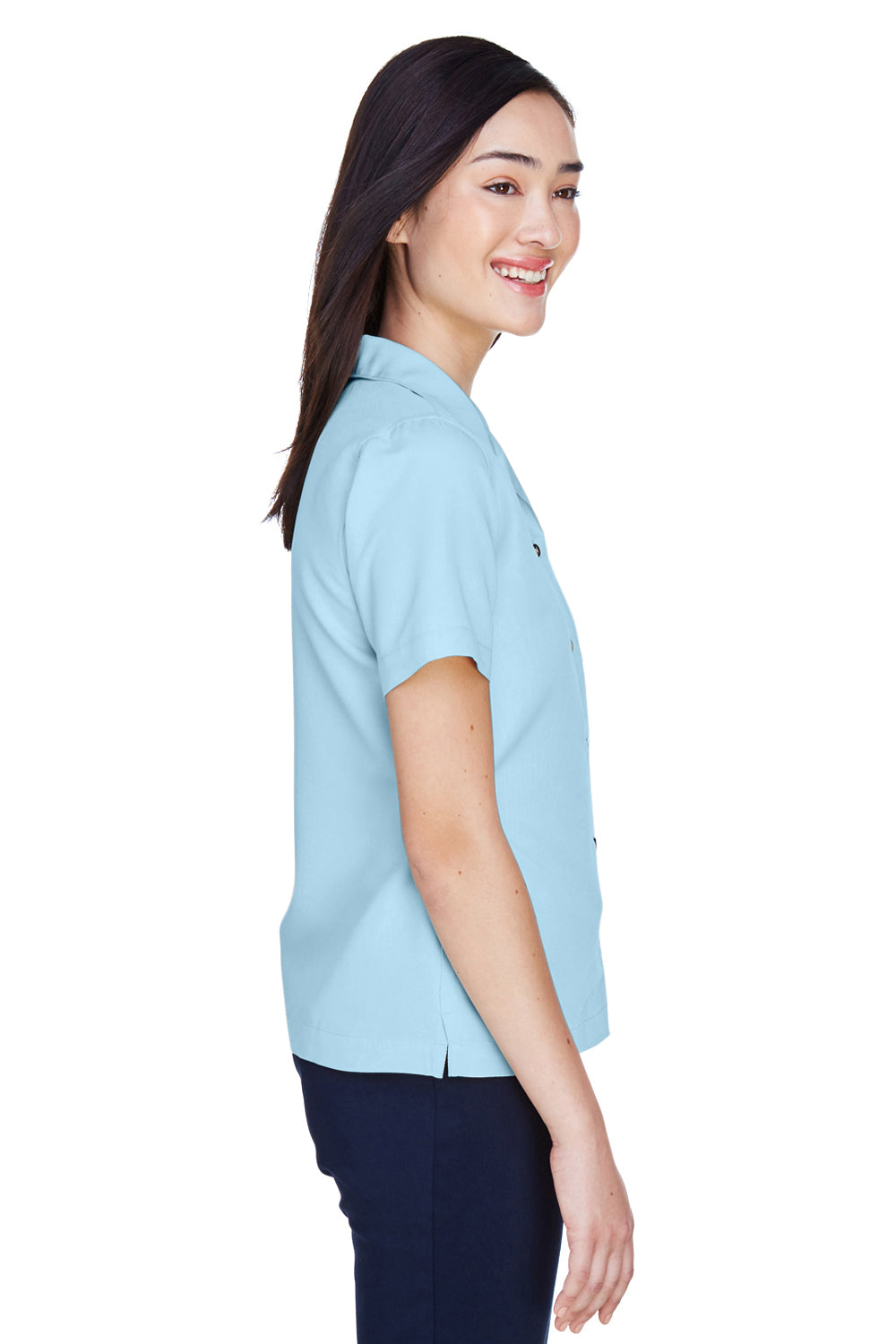 UltraClub 8981 Womens Cabana Breeze Short Sleeve Button Down Camp Shirt w/ Pocket Island Blue Model Side