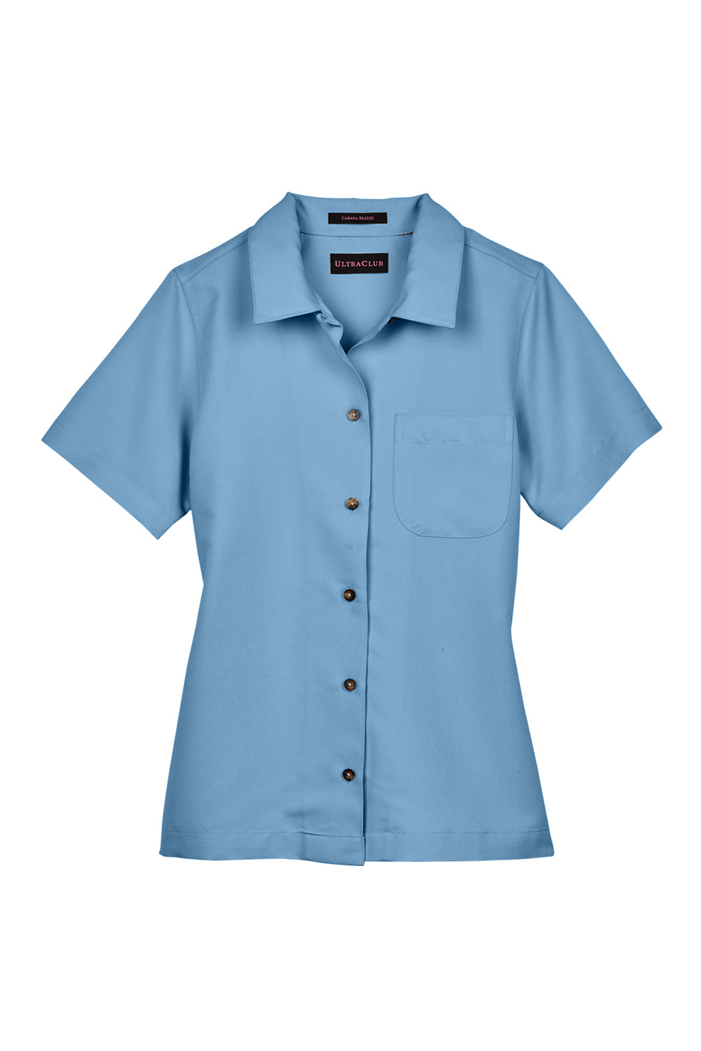 UltraClub 8981 Womens Cabana Breeze Short Sleeve Button Down Camp Shirt w/ Pocket Wedgewood Blue Flat Front