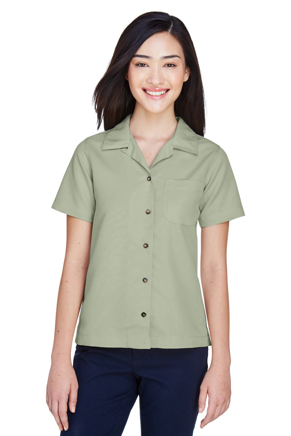 UltraClub 8981 Womens Cabana Breeze Short Sleeve Button Down Camp Shirt w/ Pocket Sage Green Model Front