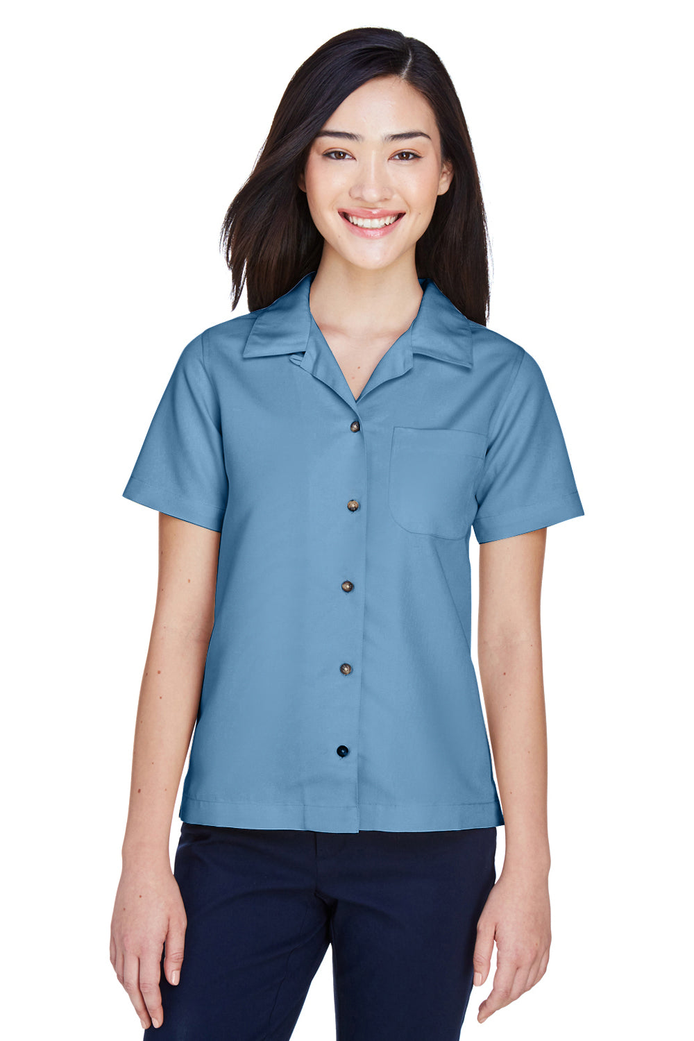 UltraClub 8981 Womens Cabana Breeze Short Sleeve Button Down Camp Shirt w/ Pocket Wedgewood Blue Model Front