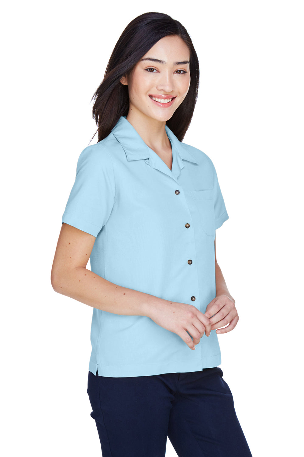 UltraClub 8981 Womens Cabana Breeze Short Sleeve Button Down Camp Shirt w/ Pocket Island Blue Model 3q