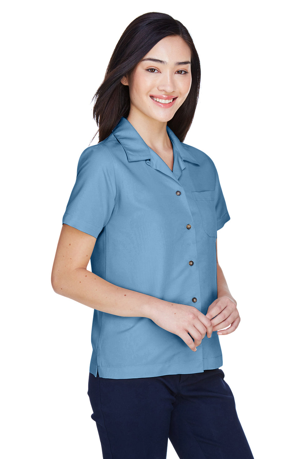 UltraClub 8981 Womens Cabana Breeze Short Sleeve Button Down Camp Shirt w/ Pocket Wedgewood Blue Model 3q