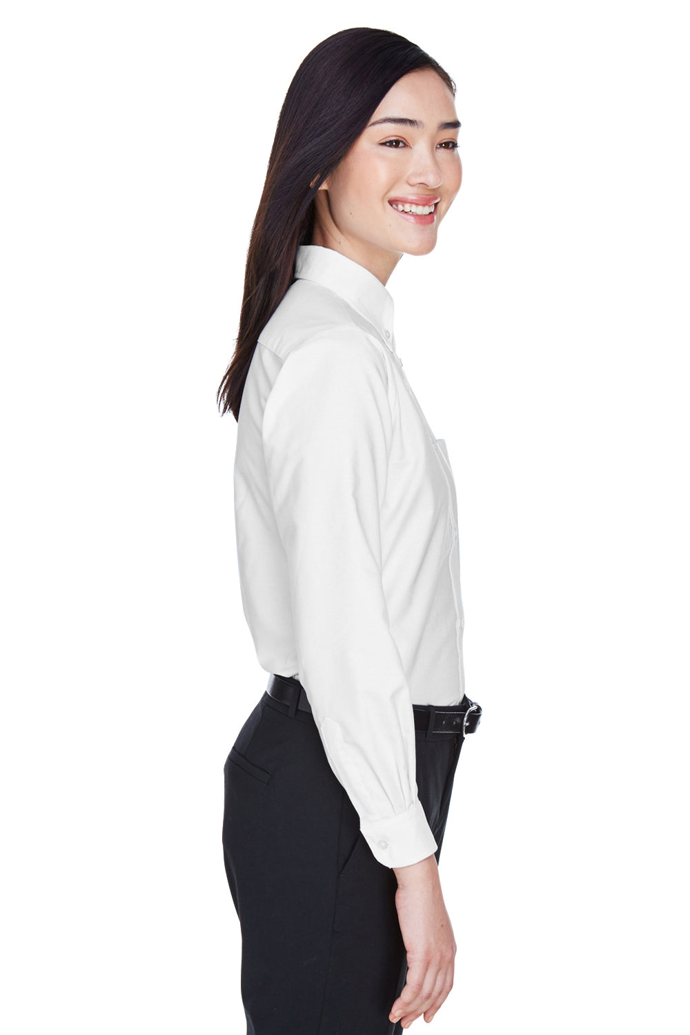 UltraClub 8990 Womens Classic Oxford Wrinkle Resistant Long Sleeve Button Down Shirt w/ Pocket White Model Side